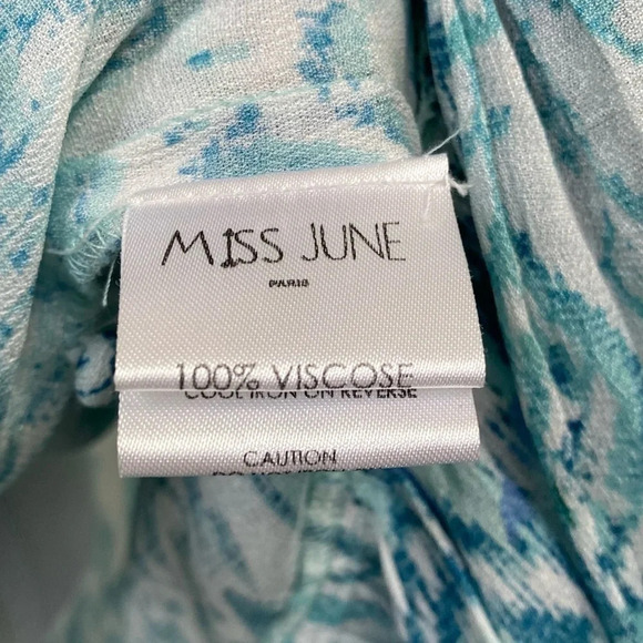 Miss June Paris Blue Green White Ikat Print Long Sleeve Embroidered Ruffle Dress - Picture 12 of 16